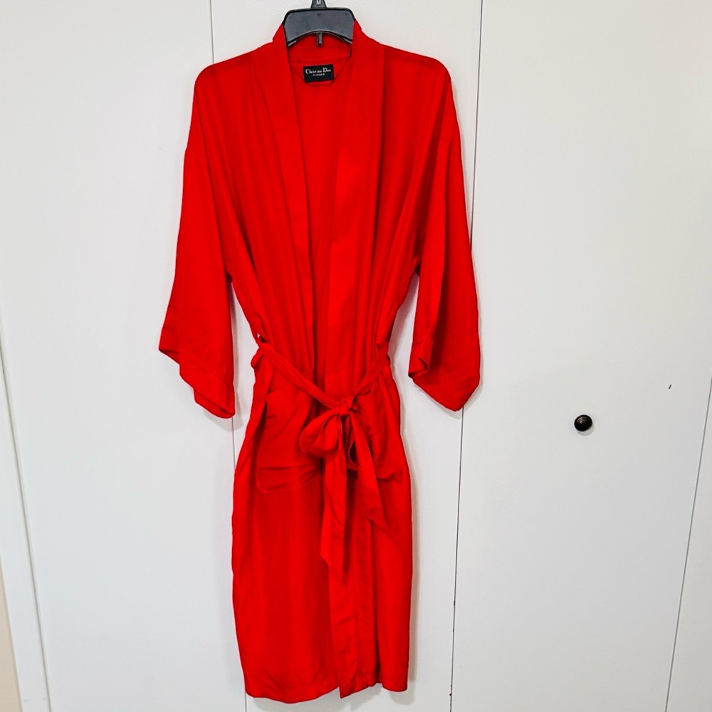 Vintage Dior Red 100% Silk-Blend Kimono Robe with Self-Tie old money one size